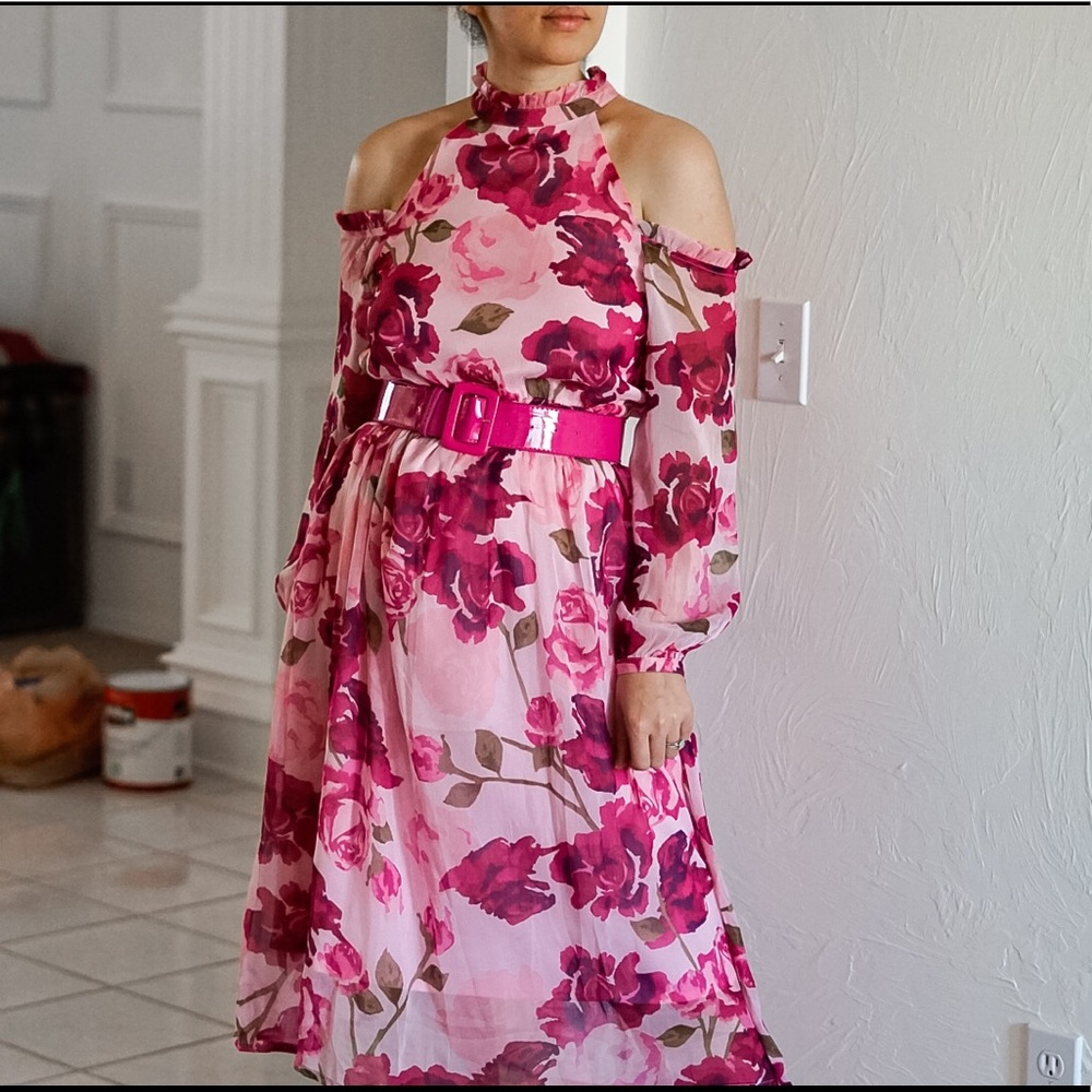 Pink Floral Off Shoulder Midi Dress - Picture 3 of 12